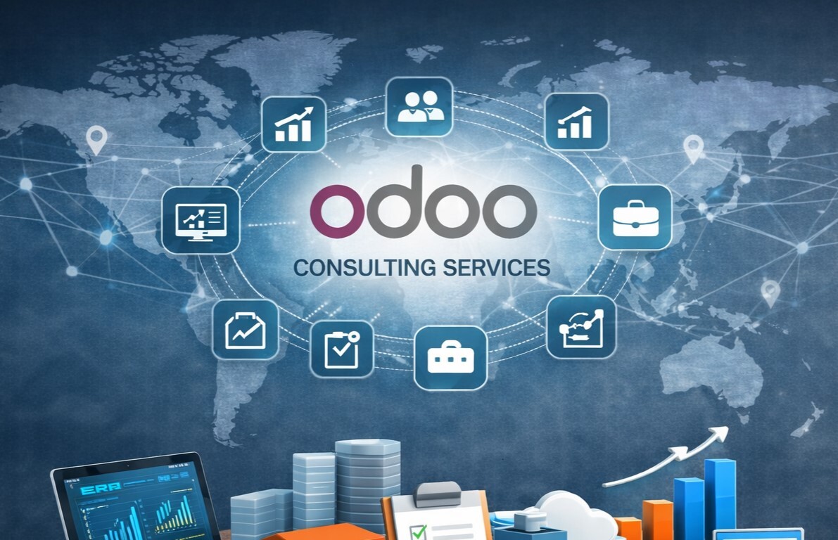 Professionals analyzing ERP consulting insights and Odoo functional workflows for global business expansion