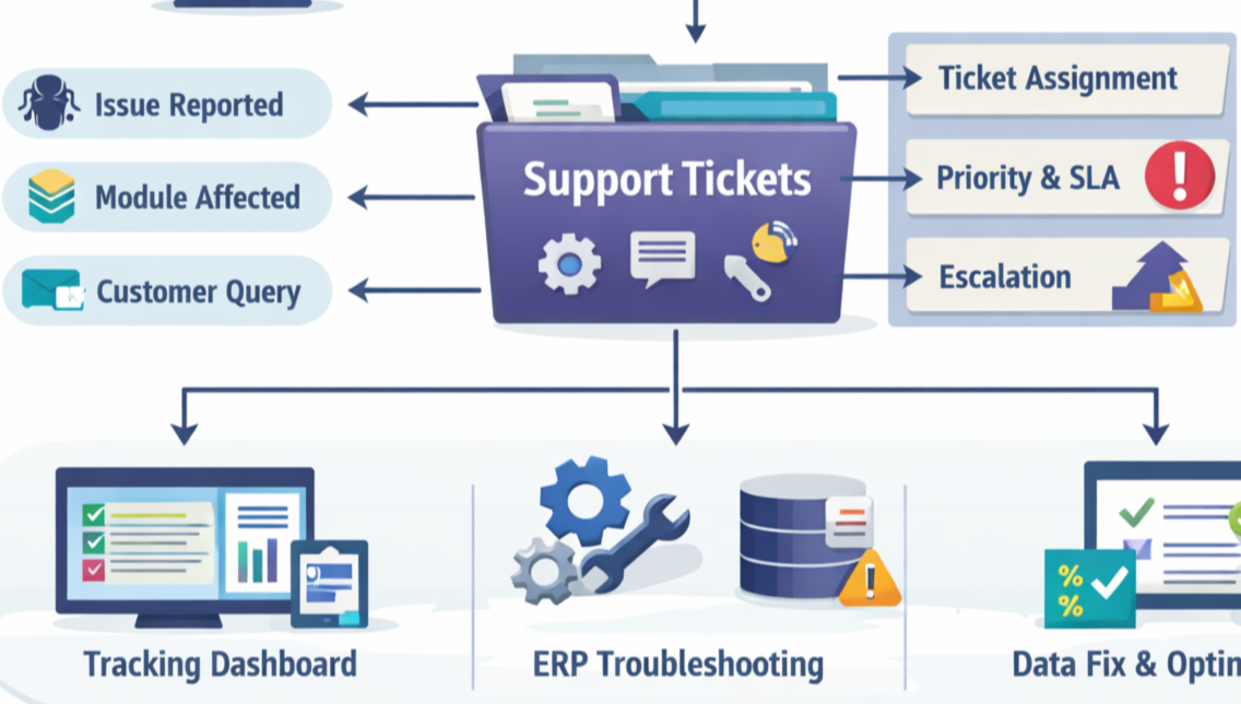 ERP helpdesk support ticket flow and system monitoring visualization